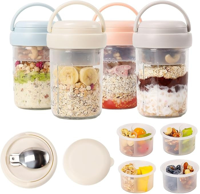 4 Pack Overnight Oats Containers with Lids and Handles, Folding Spoons & Divided Compartments for... | Amazon (US)
