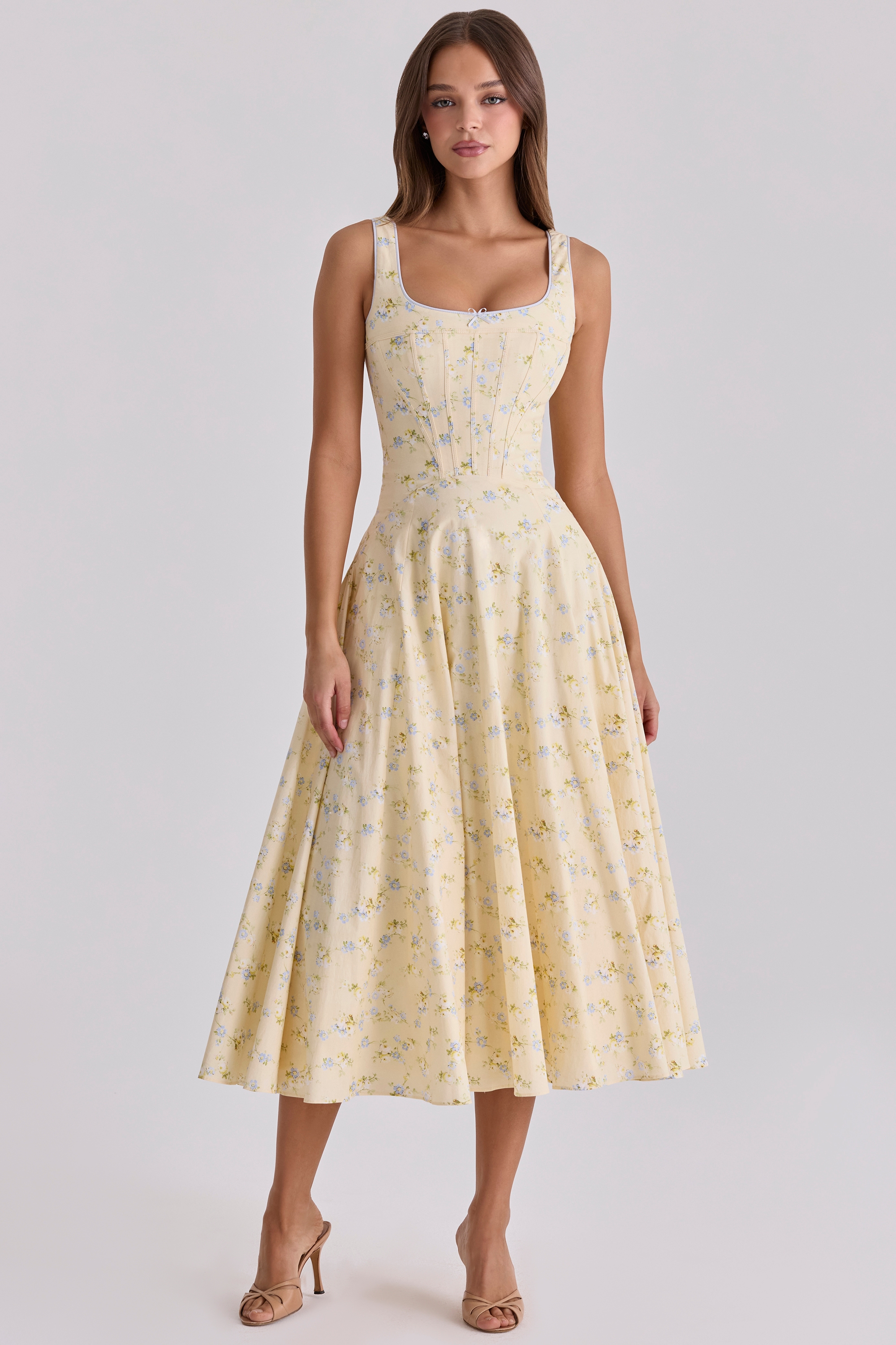 lemon floral print cotton lace up midi sundress | House of CB