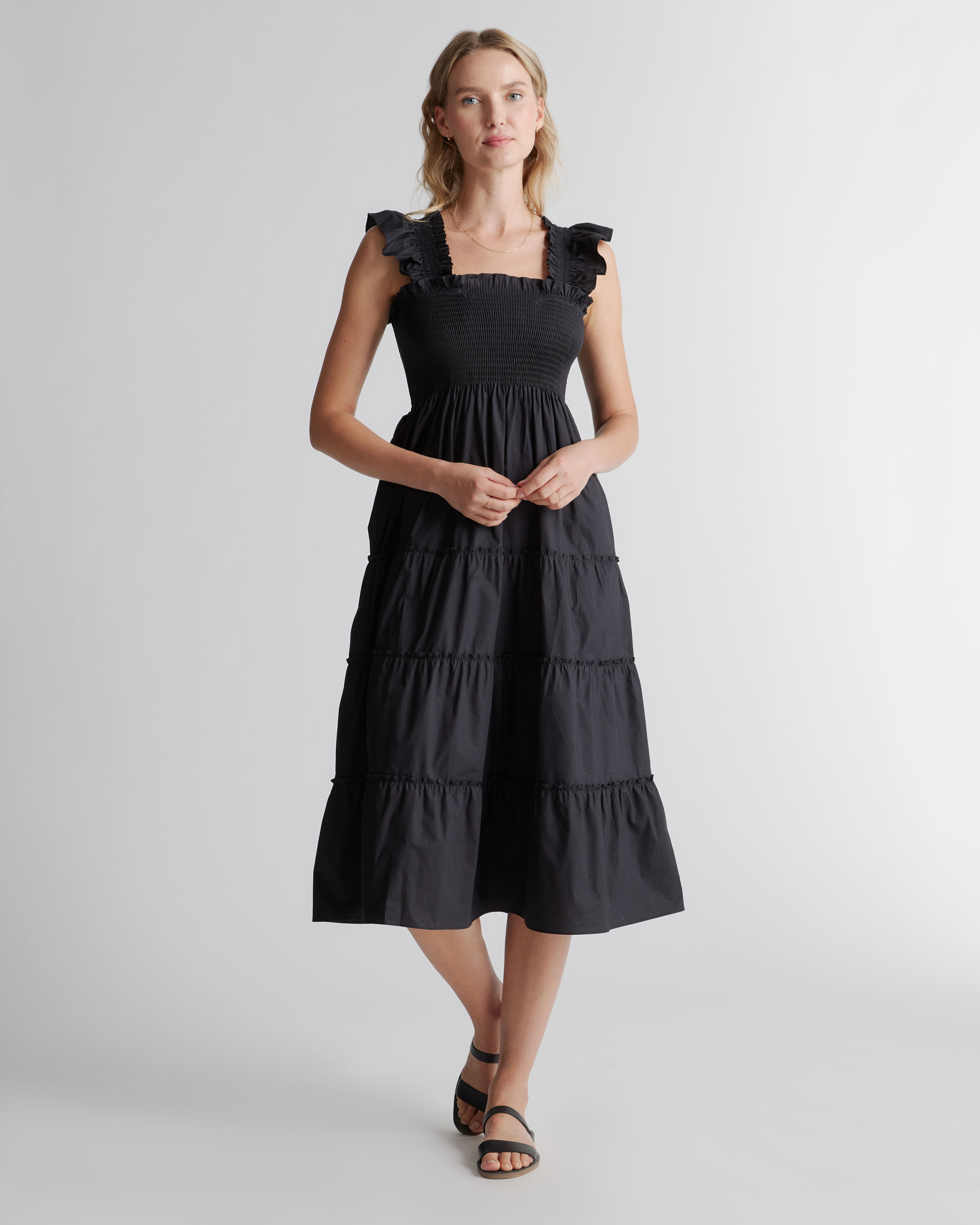 Quince | Women's Poplin Smocked Midi Dress in Black, Size Medium, Organic Cotton | Quince