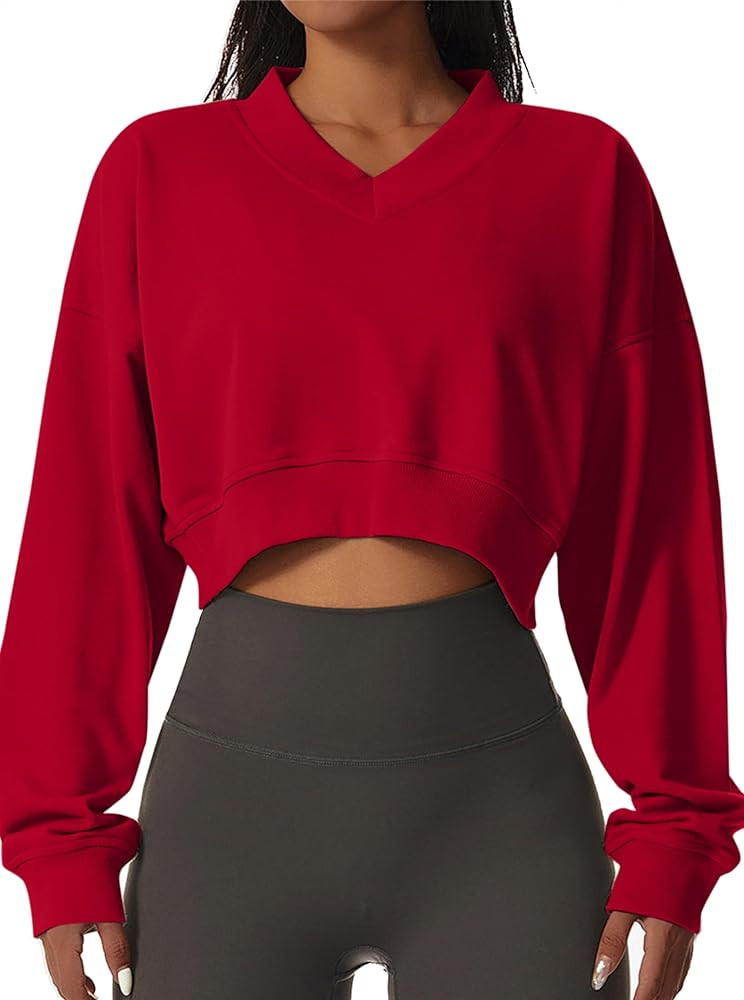 Remidoo Women's V Neck Cropped Sweatshirt Long Sleeve Loose Fit Drop Shoulder Pullover Top | Amazon (US)