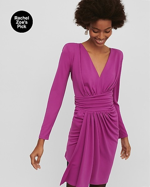 Draped V-neck Strong Shoulder Mini Dress | Express