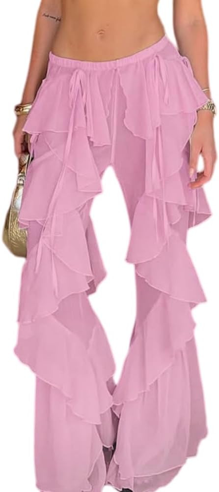 Women's Ruffled Wide Leg Pants Patchwork Lotus Hem Trousers Sheer Mesh Flared Festival Pants | Amazon (US)