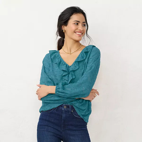 Women's LC Lauren Conrad Cropped Ruffled Button Top | Kohl's