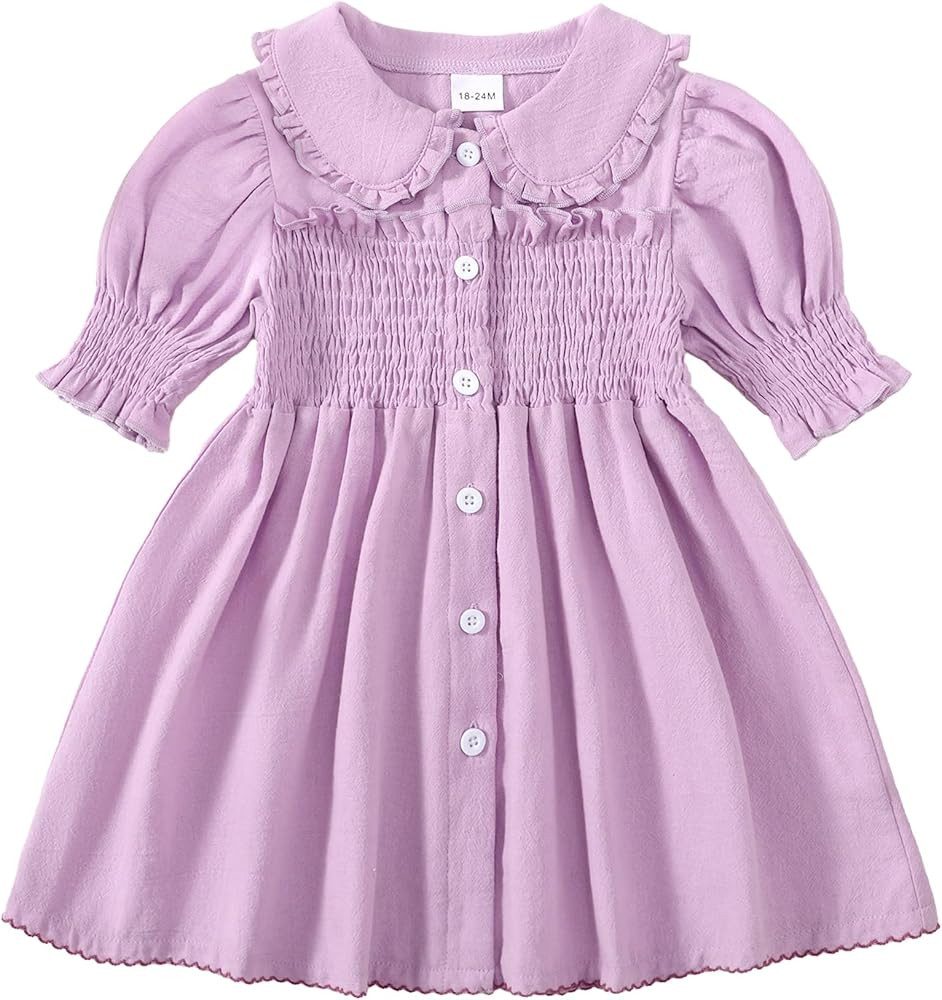Toddler Girl Short Sleeve Dress Casual Peter Pan Collar Summer Cotton Linen Ruffle Dresses | Amazon (US)