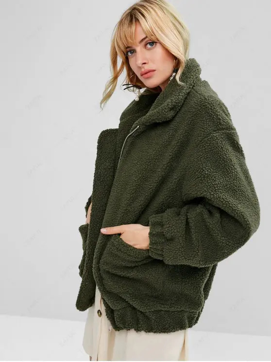 Fluffy Zip Up Winter Teddy Coat   ARMY GREEN BLACK COFFEE | ZAFUL (Global)