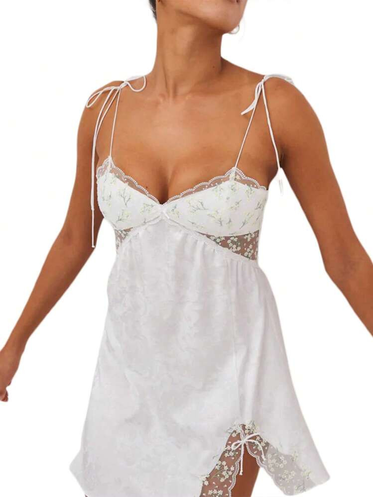 Women Sling Dress, Spaghetti Straps Backless Lacing Flower Patchwork Slit Summer Mini Dress | SHEIN