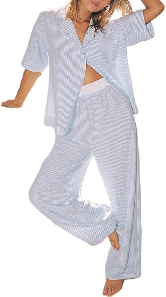 Women Striped 2 Piece Pajama Set Long Sleeve Button Down Blouse Gingham Wide Leg Lounge Pants Set... | Amazon (US)