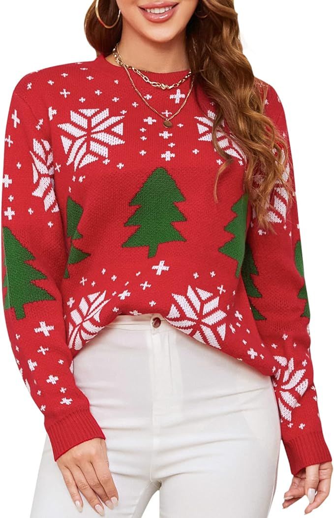 EXLURA Patterns Reindeer Ugly Christmas Sweater Jumper Pullover Tops at Amazon Women’s Clothing... | Amazon (US)