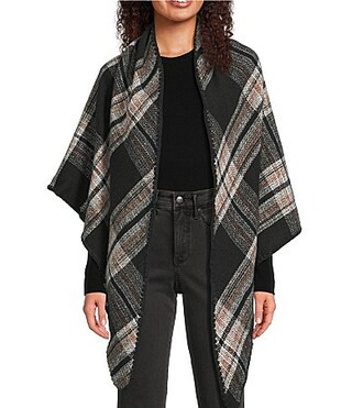 Vince Camuto Classic Plaid Whipstitch Triangle Cape Wrap - Black Neutral | Dillard's