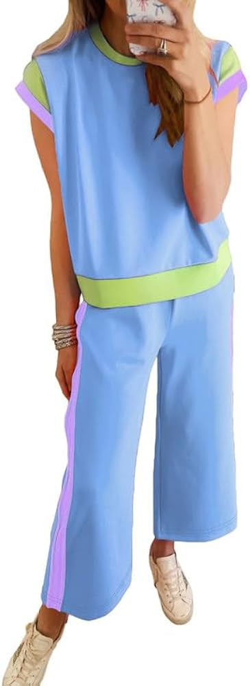 SHEWIN Women's 2 Piece Lounge Sets Casual Short Sleeve Pullover Tops Matching Wide Leg Pants Trac... | Amazon (US)