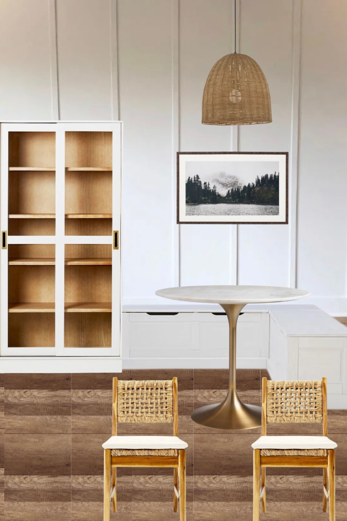 Breakfast nook, marble table, woven chairs, woven pendant light, display cabinet, pantry cabinet, wall art, studio McGee, Target, world market, Home Depot, kohls, crate and barrel, pottery barn#LTKFind 

#LTKfamily #LTKhome