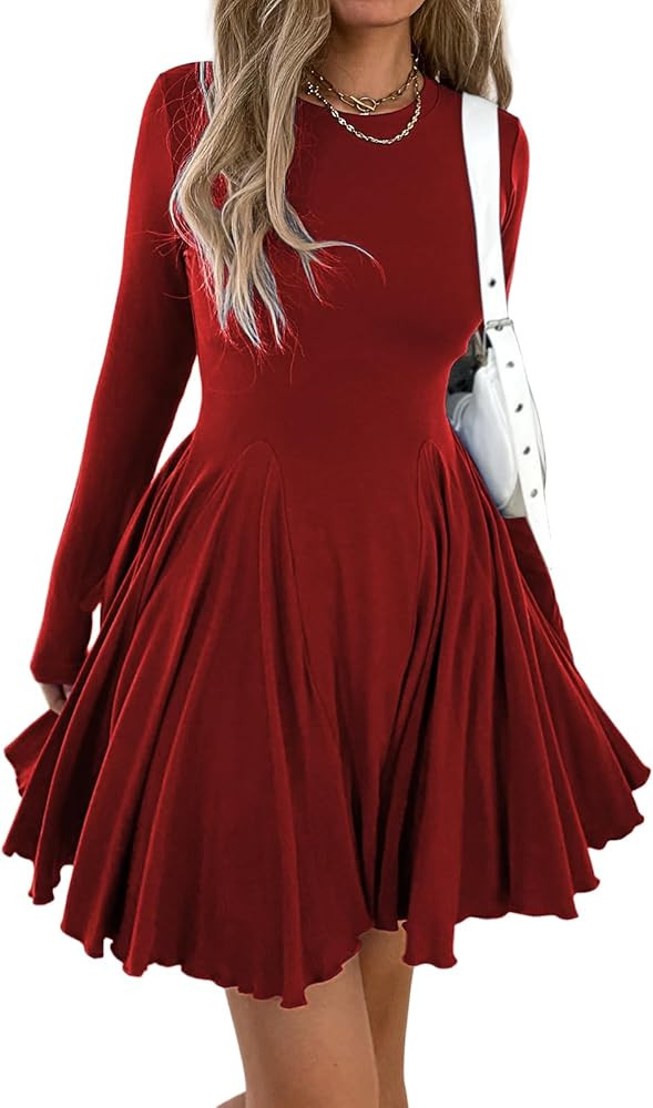 Women’s Long Sleeve Casual Swing Dress – A-Line Fit and Flare Skater Dress, Stretchy Mini Dre... | Amazon (US)