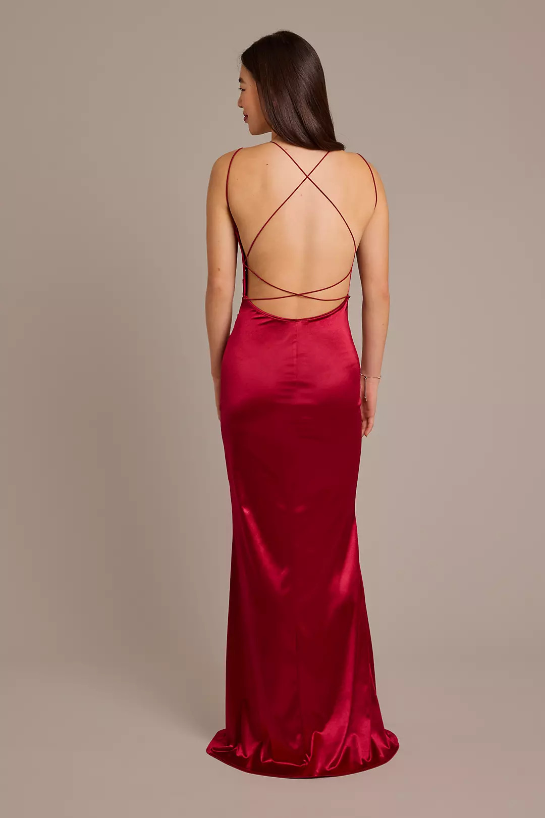 Double Strap Satin Square Neck Dress with Slit | David's Bridal | David's Bridal