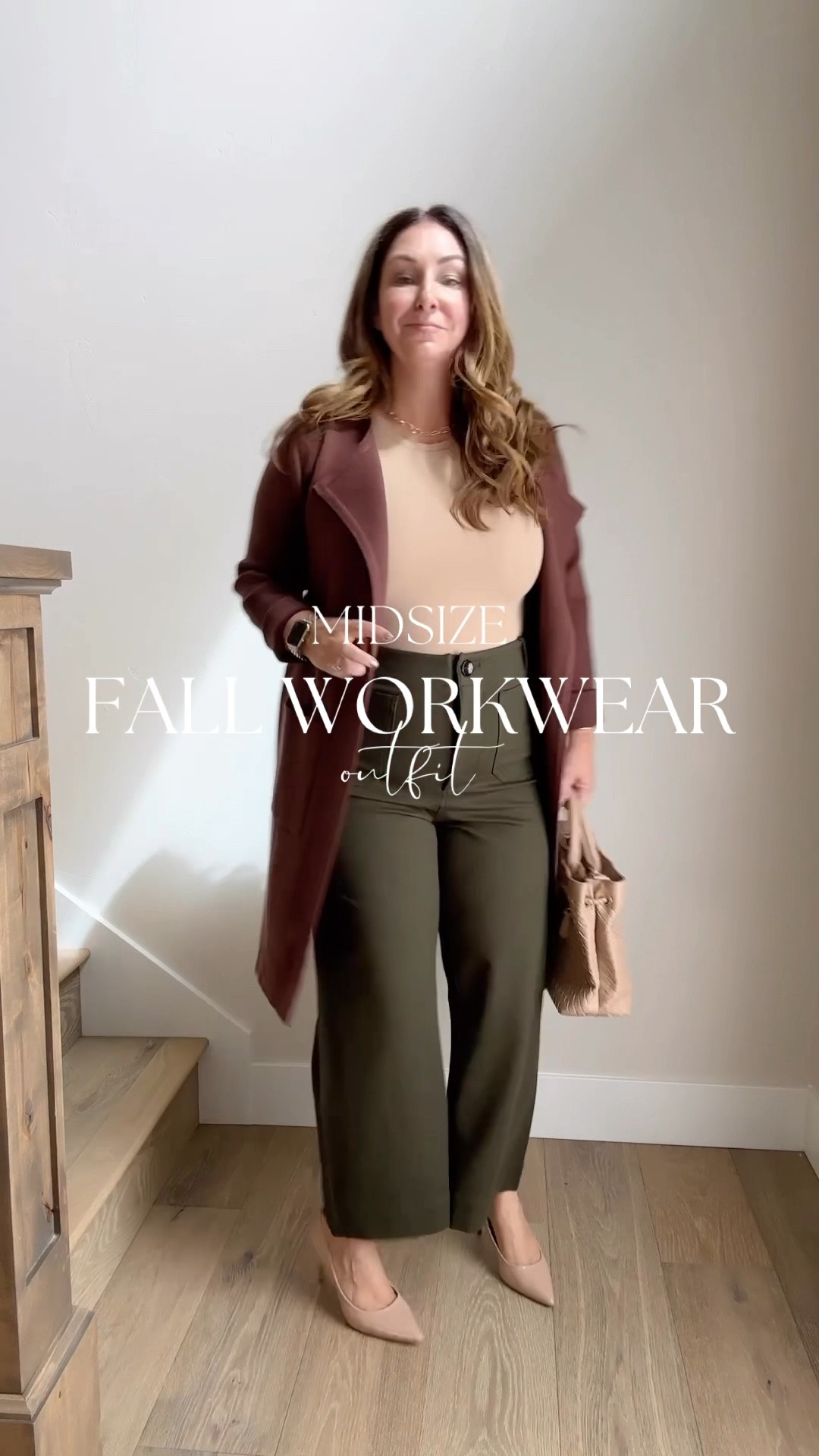 Fall Workwear Outfits 
· Amazon coatigan tts, L | Quince bodysuit size up, XL | Quince pants size up if in-between, 14
· Maurice blouse tts, L | Amazon pants tts, 12
· Quince blouse tts, L | Athleta trouser pants tts, 12 

Workwear fall workwear fall capsule TheRecrutierMom 

#LTKVideo #LTKMidsize #LTKWorkwear