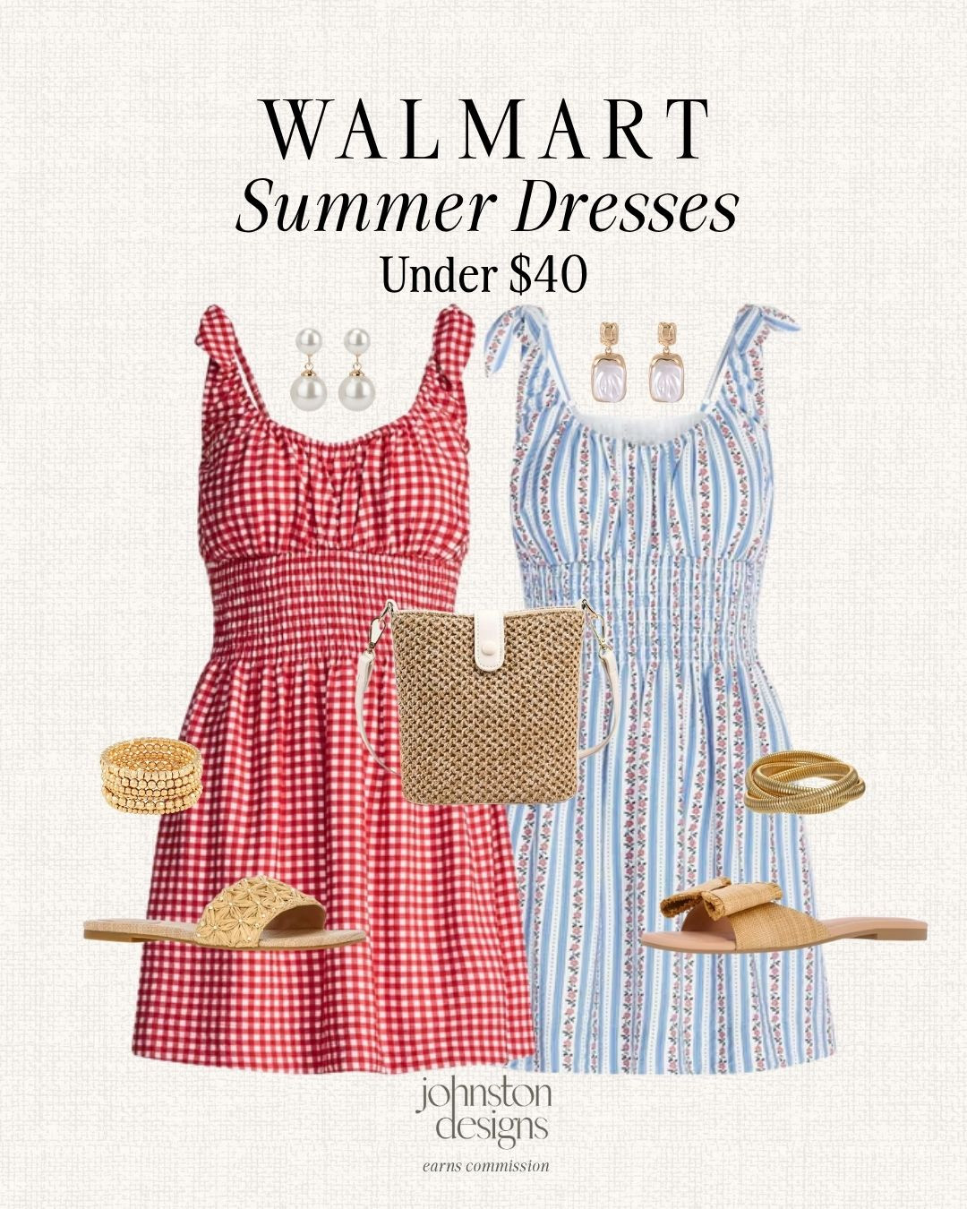 Walmart summer dresses under $40 with gingham, stripes and easy neutral accessories for sunny days. ☀️

Walmart summer dresses, dresses under $40, red gingham dress, blue striped dress, tie strap dress, smocked summer dress, straw crossbody bag, raffia slide sandals, pearl earrings, gold bracelet stack, affordable Walmart fashion, vacation dress idea, casual summer outfit, warm weather style, budget friendly finds, Fourth of July 

 #LTKootd #LTKSeasonal