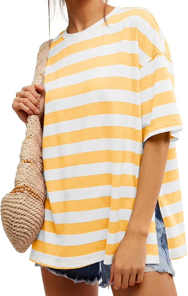 Tankaneo Womens Oversized Tshirts Summer Casual Short Sleeve Crew Neck T Shirt Loose Fit Side Sli... | Amazon (US)