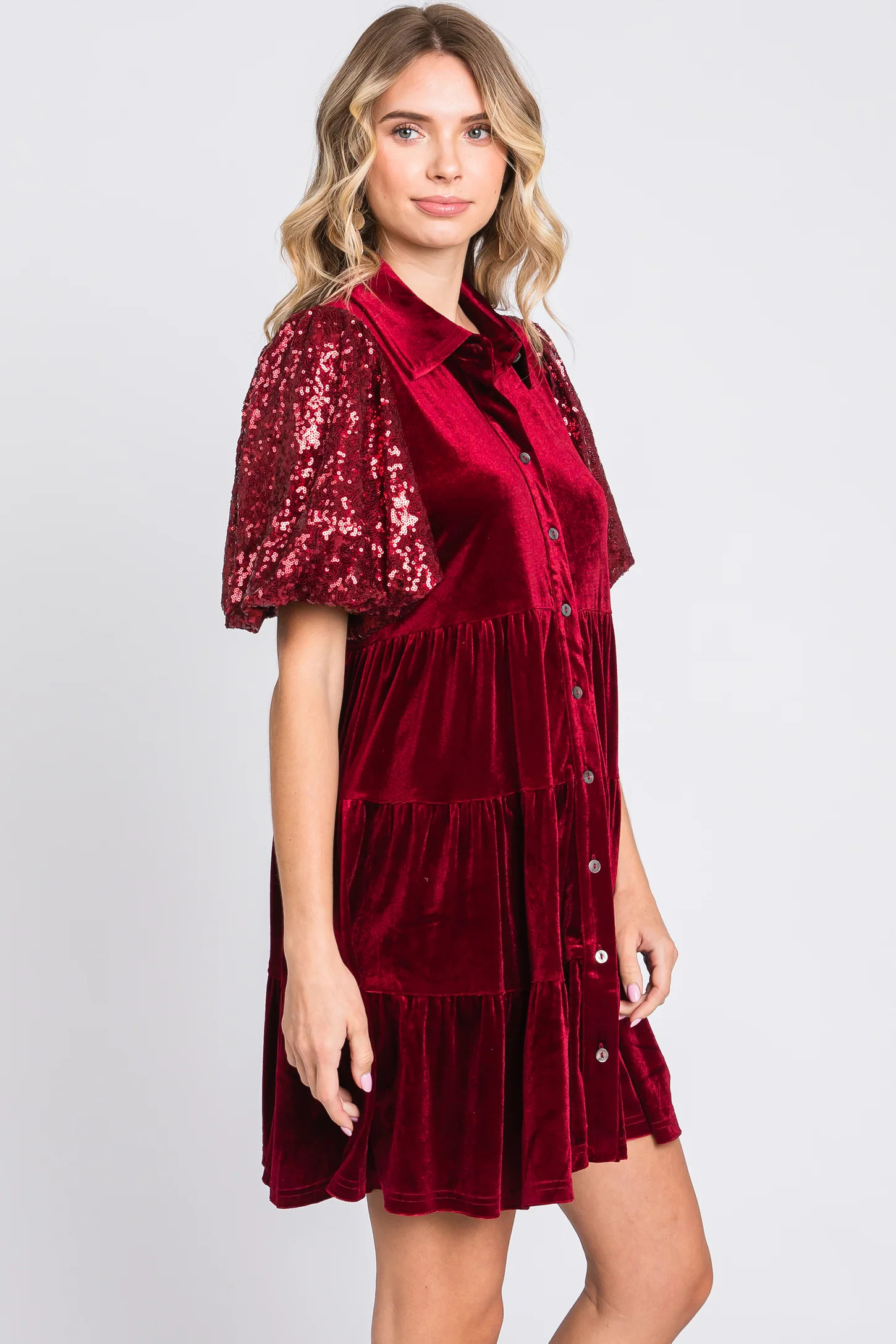 Burgundy Velvet Tiered Sequin Short Sleeve Dress | PinkBlush Maternity