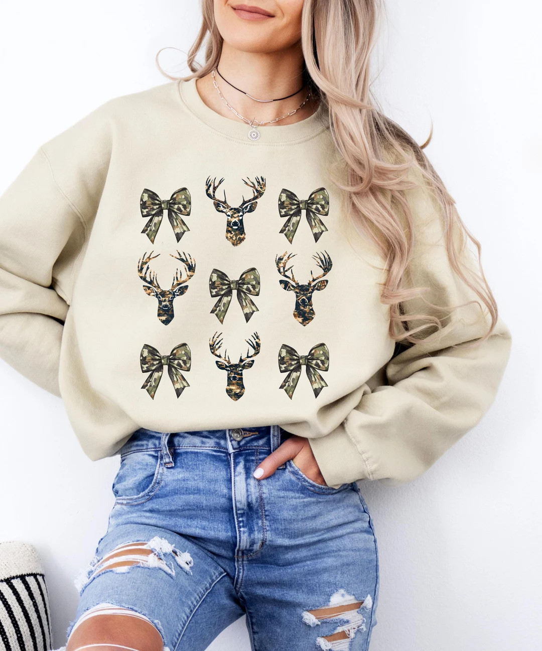 Girly Crewneck Sweatshirt for Deer Season; Pullover with Deer Mount Prints and Camouflage Bows; W... | Etsy (US)