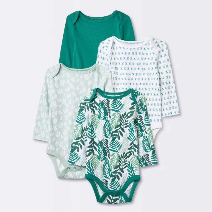 Baby 4pk Foliage Long Sleeve Bodysuit - Cloud Island™ Olive Green | Target