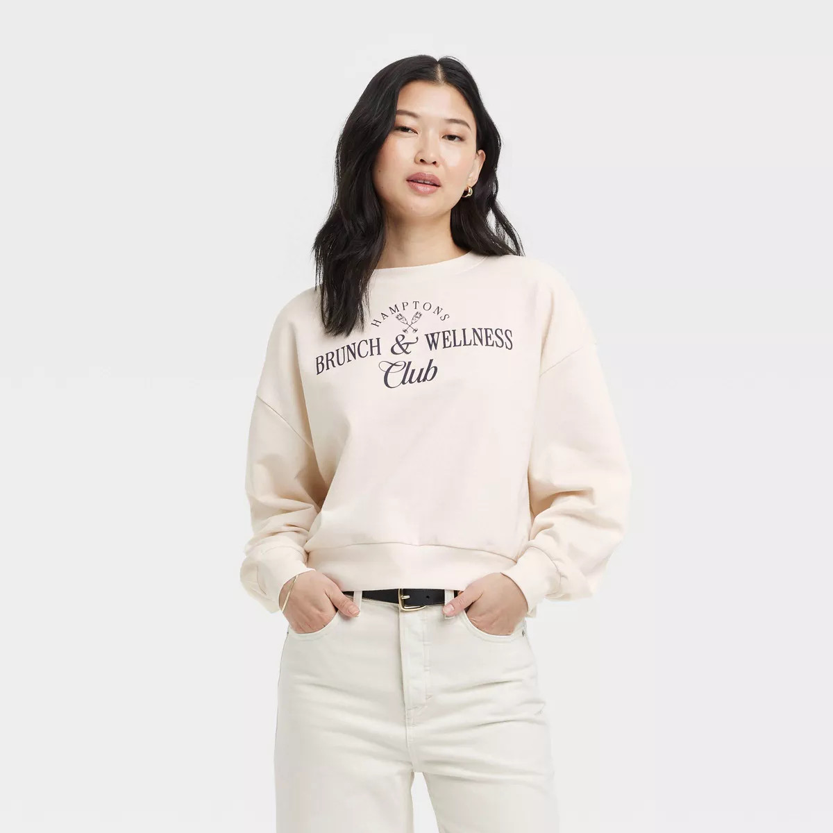 Women's Brunch and Wellness Cropped Fleece Graphic Sweatshirt - Beige | Target