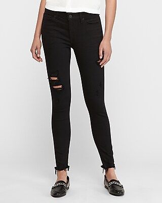 Mid Rise Black Raw Hem Ripped Ankle Skinny Jeans, Women's Size:18 | Express