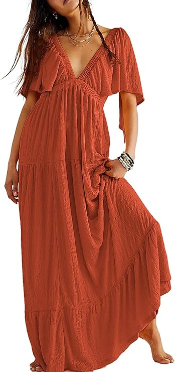 Kikibell Women Summer Dresses Sexy V-Neck Maxi Dress Tiered Silhouette with Flutter Sleeve Backle... | Amazon (US)