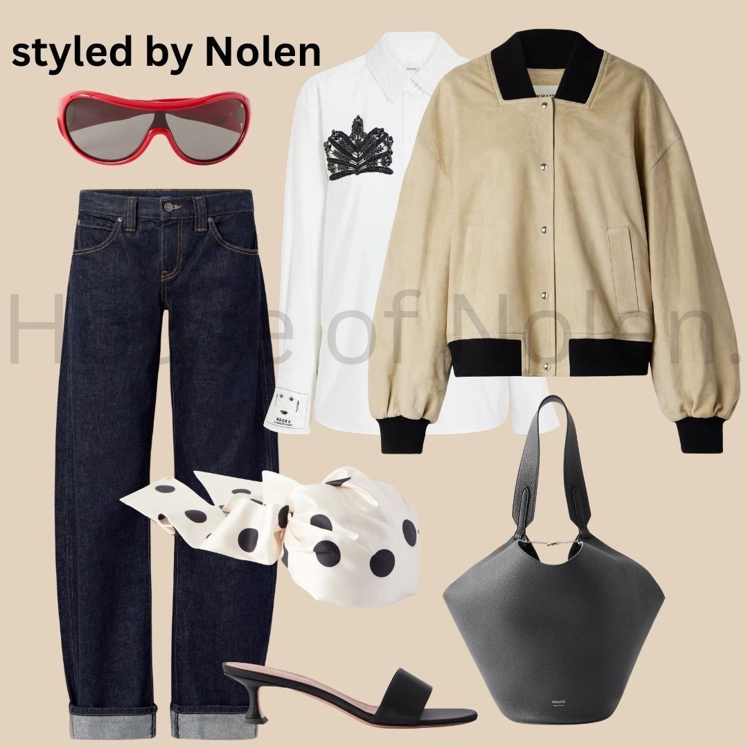 Spring 2026 Look 15. 

the polka dot bow is doing the most
and somehow it's still the most understated thing here.
embellished shirt. suede bomber. red shields.
effortless is a lie — this took intention.

styled by nolen 🖤

#StyledByNolen #HouseOfNolen #SpringStyle #SpringOOTD #FlatLayStyling #OutfitInspo #FashionStylist #NYCStylist #NYCFashion #NYCStyle #EditorialStyle #LuxeStyle #SpringFashion #FashionFlatlay #StyleInspiration #OOTDInspo #SuedeBomber #PolkaDot #DarkDenim #zoekravitz #StyleEdit #CuratorsOfInstagram #FashionContent #GetDressed #DressWithIntent

#LTKootd #LTKgrwm #LTKOver40