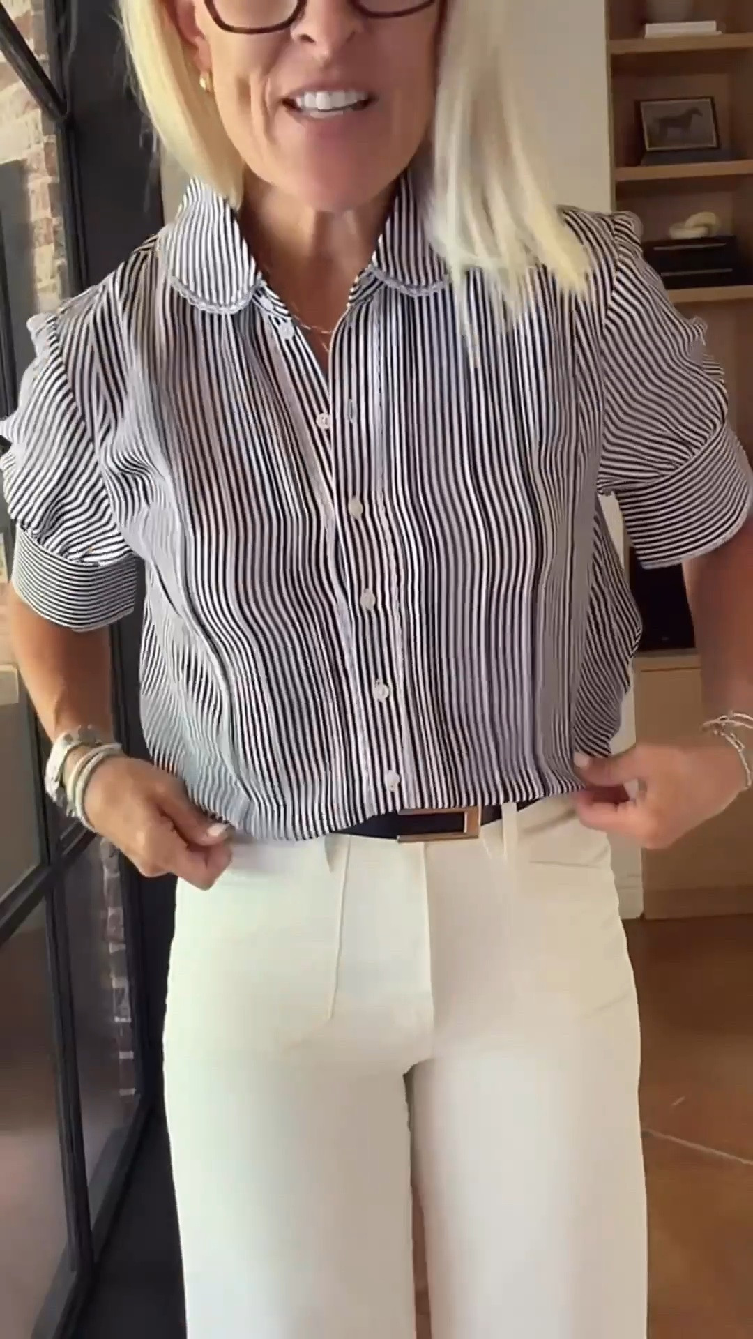 This is the kind of blouse I love having in my closet! The black-and-white stripes make it easy to style, while the silky drape, lace trim, pintucks, and rounded collar give it a feminine, polished feel. I’m wearing my usual small, and it fits true to size, perfect with white pants for work, dinner, or any time you want to feel a little more put together.

💡 LTK MADE EASY
❤️ Heart = Support my posts!
🔖 Save = Get sale & restock alerts
📋 Lists = Keep favorites organized
📲 Share = Send lists and products to a friend. Hello, Christmas List!
💬 Comment = Ask me anything about what I’m wearing.:-)

#LTKootd #LTKWorkwear #LTKOver40