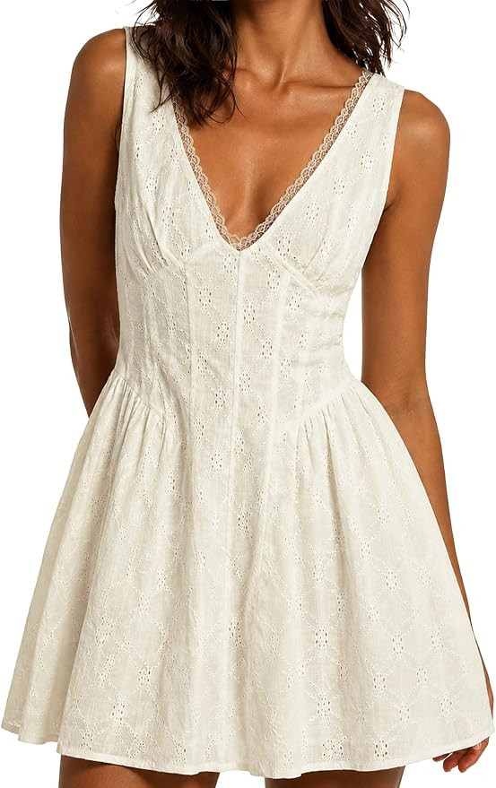 Womens Eyelet Lace Mini Dress Summer Slip Dress V-Neck Ruffle Hem Flowy Boho Short Dresses for Pa... | Amazon (US)