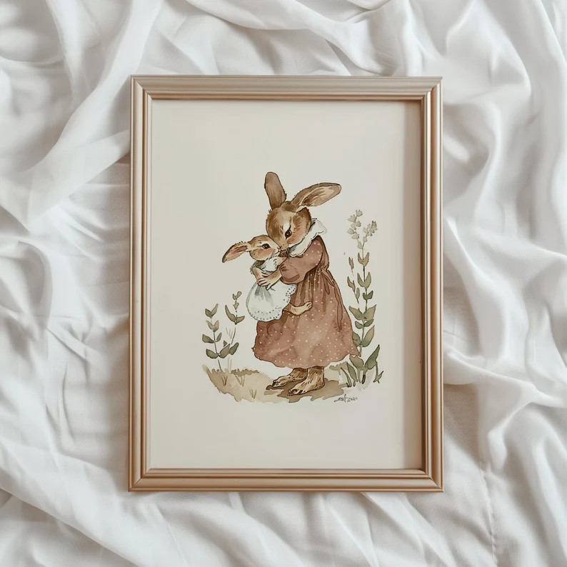 Rabbit Nursery Print Vintage Style Nursery PRINTABLE Wall Art Mom & Baby Print Antique Nursery De... | Etsy (US)