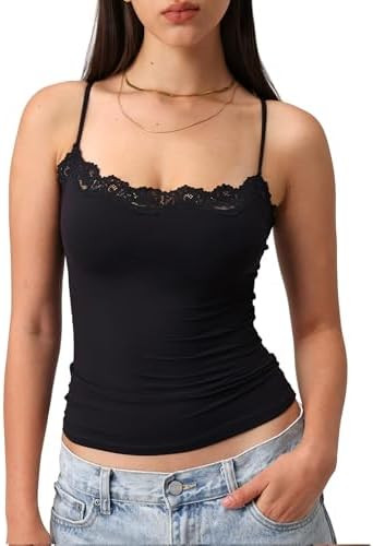 Padded Lace Cami Top Double Lined Sexy Crop Tank Top Spaghetti Strap Club Party Shirt | Amazon (US)