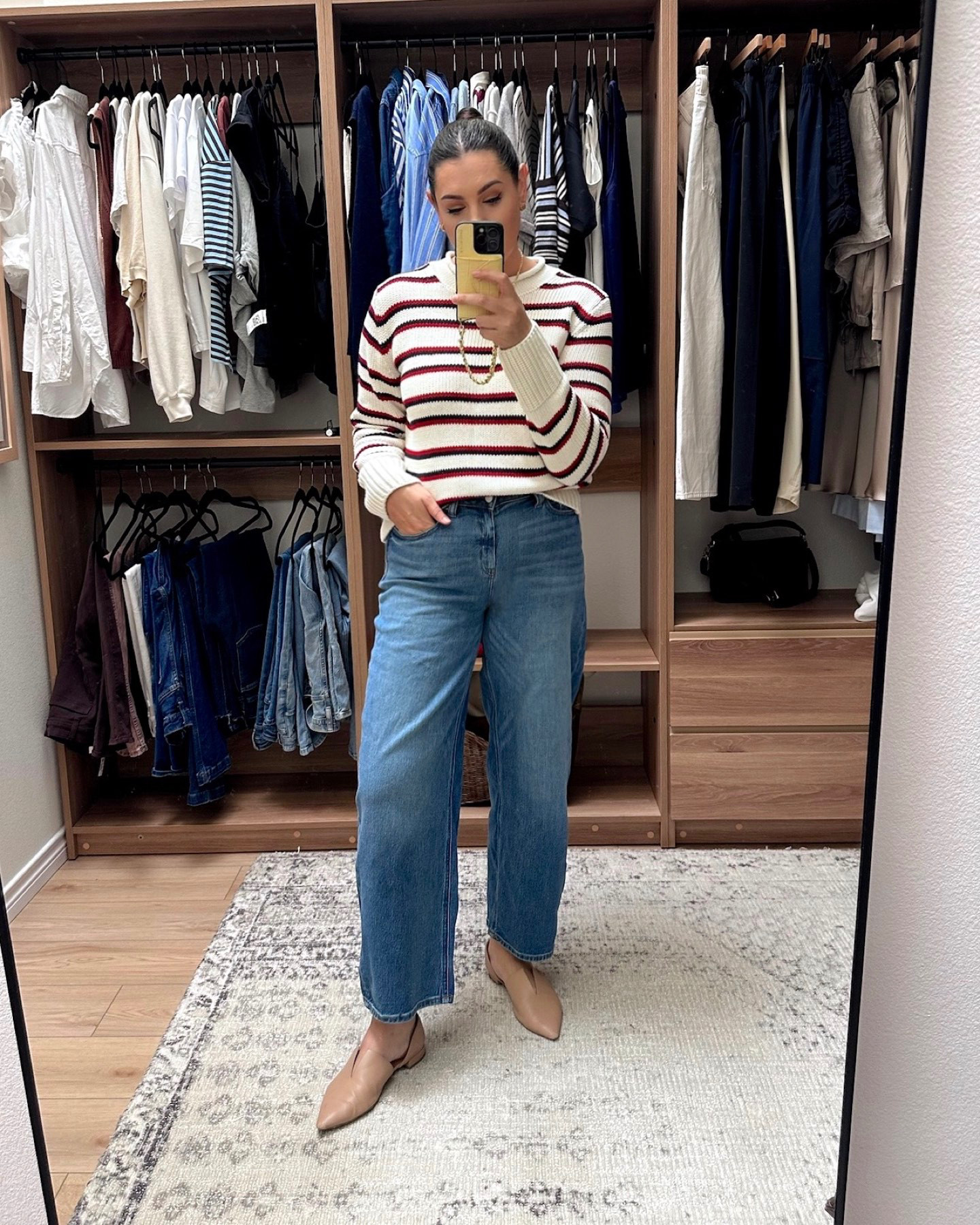 I love both these jeans and this sweater! I’m in the large of the sweater and it is more fitted than the relaxed one from earlier. This sweater comes in solids as well. It’s a nice dupe to a J.Crew rollback, but more fitted overall. 
 These are the barrel jeans from Quince. They’re under $50 and fit true to size with the smallest fit at the waist. They have stretch and lots of structure. I don’t find them too barrel-y in the shape, more of a relaxed straight jean overall.
 

 