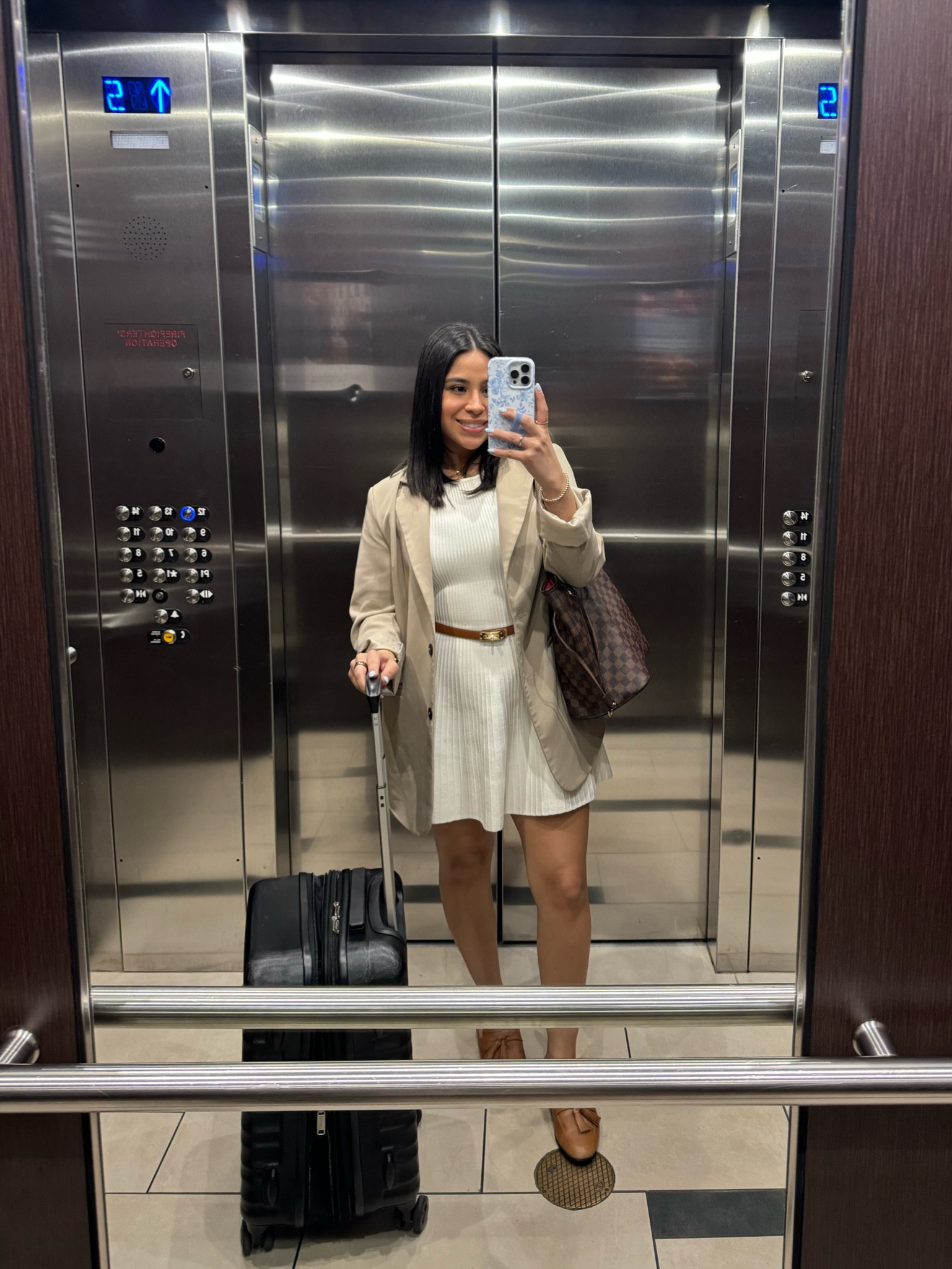Work outfit idea 
White dress: small 
Khaki blazer: small 
Tan slip on mules: 6.5 
Tan belt 
Hard shell carry on bag 

#LTKPetite #LTKWorkwear #LTKStyleTip