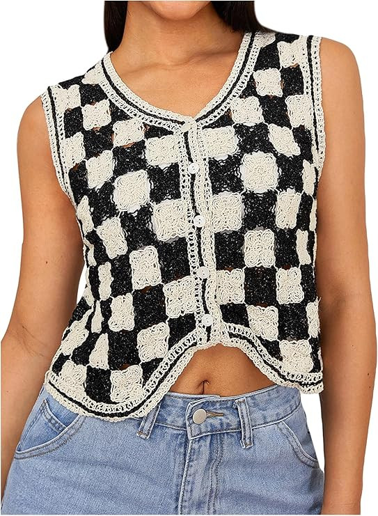 Verdusa Women's Sweater Vest Button Front V Neck Sleeveless Crochet Plaid Checkered Knit Sweater ... | Amazon (US)