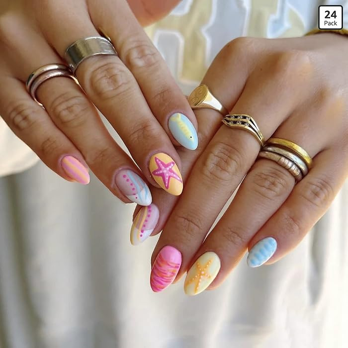 Colorful Press on Nails Short Round Fake Nails with Ocean Starfish Stripes Design Macaron French ... | Amazon (US)