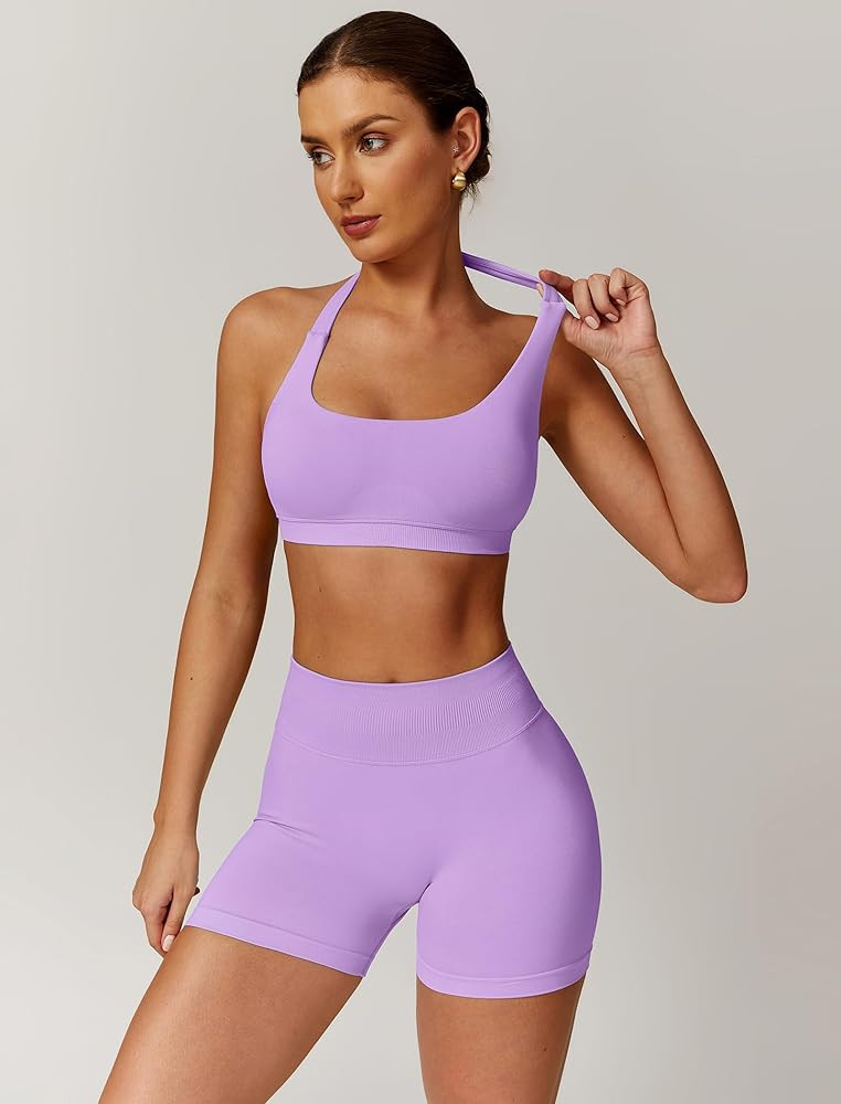 ABOCIW Workout Sets for Women 2 Piece seamless Halter Sports Bra Scrunch Butt Impact Shorts Gym Y... | Amazon (US)