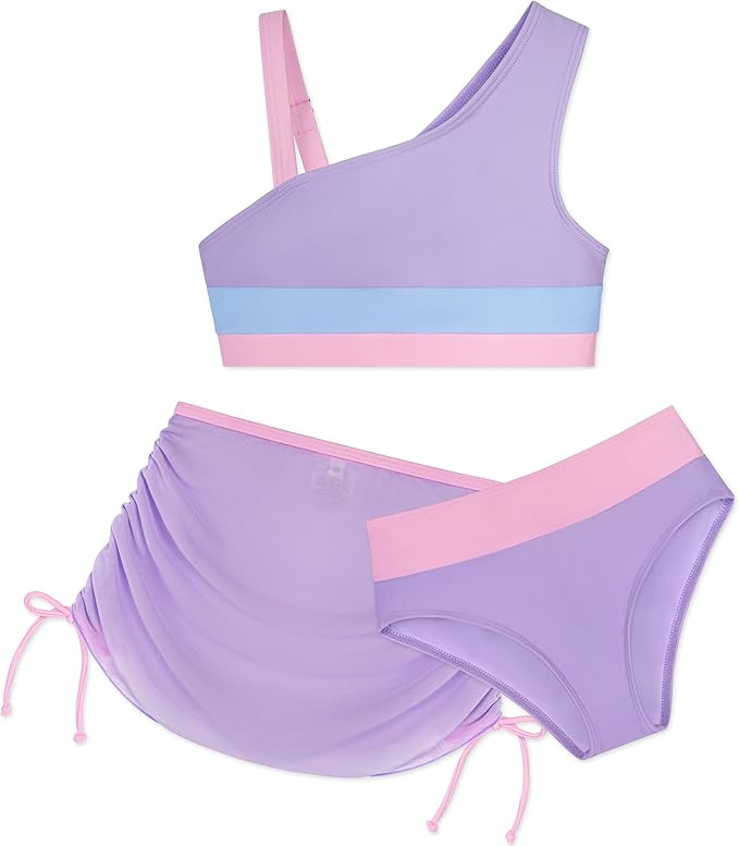 GRACE KARIN Girls Swimsuit 3-Piece Bikini Set Color-Block Kids High Waisted Swimwear with Drawstr... | Amazon (US)