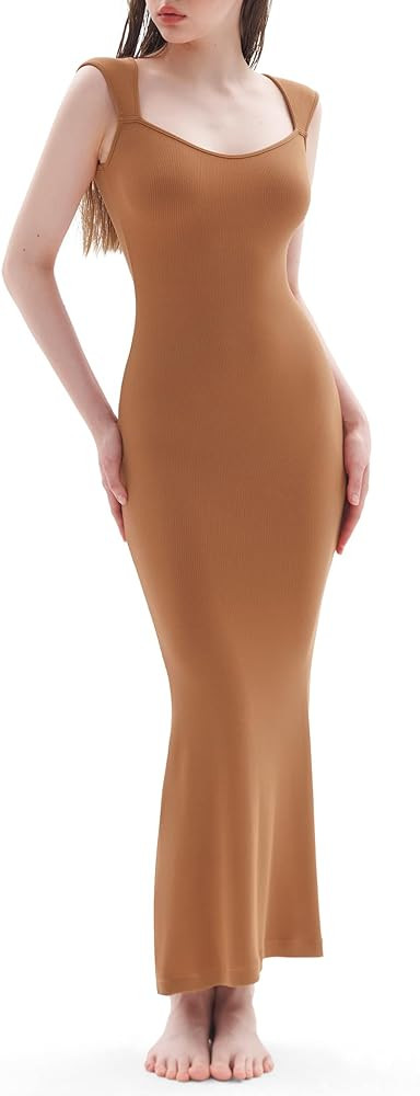 PUMIEY Women's Square Neck Cap Sleeve Maxi Dress Ribbed Bodycon Dress Summer Dresses for Women | Amazon (US)