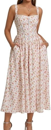 KUTUMAI Floral Corset Midi Dress Flowy Slit Summer Spring Wedding Guest Dresses for Women Sundres... | Amazon (US)