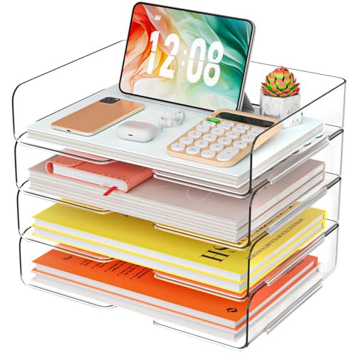 YKLSLH 4 Trays Paper Organizer Letter Tray - Acrylic Desk File Organizer, Stackable Clear Paper H... | Amazon (US)