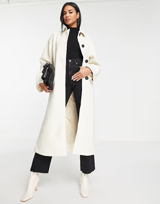 ASOS DESIGN 90s faux leather trench coat in cream | ASOS (Global)