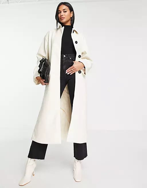 ASOS DESIGN 90s faux leather trench coat in cream | ASOS (Global)