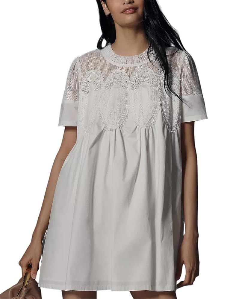 VAOYIU Women Crochet Lace Mini Dress Round Neck Short Sleeve Sheer Mesh Clothing Casual Outfits w... | Amazon (US)