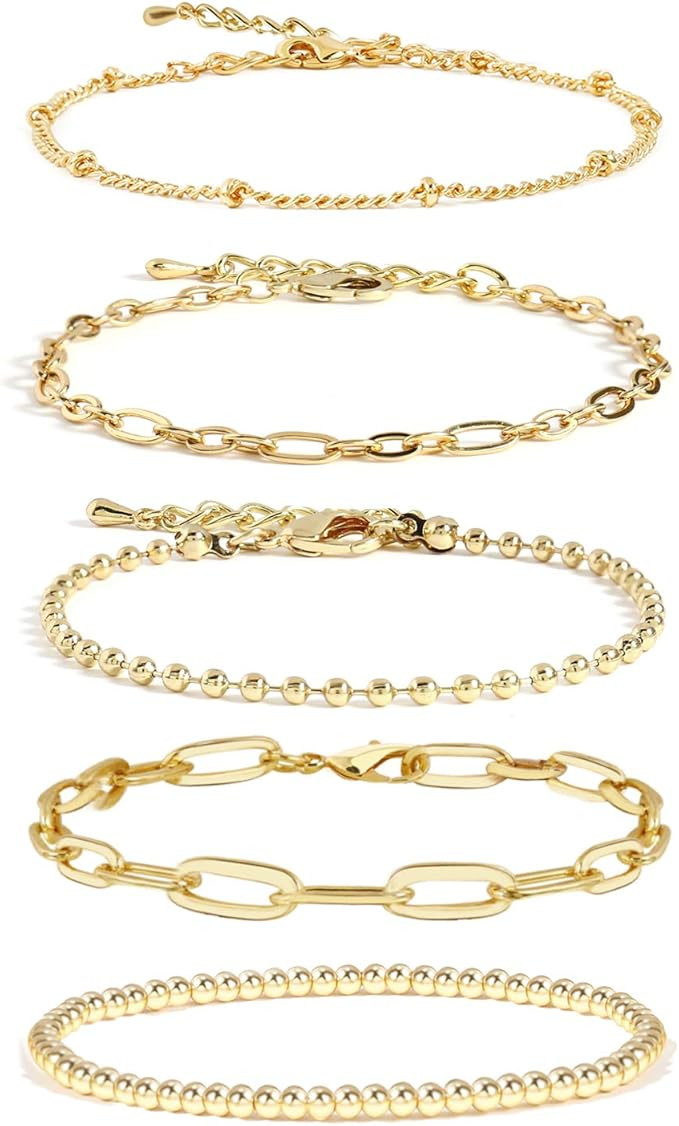CONRAN KREMIX Gold Bracelet Sets for Women Girls 14K Real Gold Chain Dainty Link Paperclip Bracel... | Amazon (US)