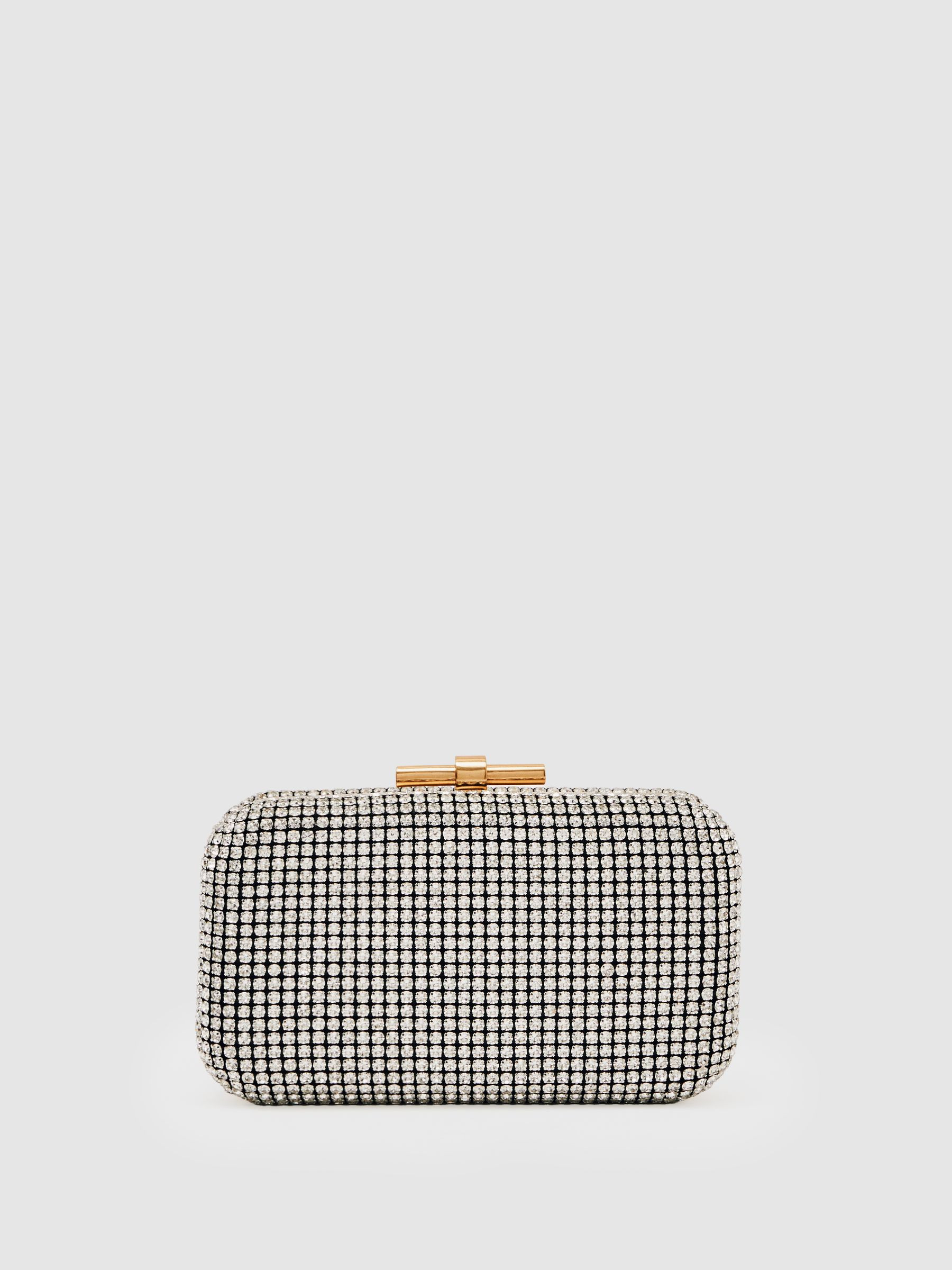 Crystal-Embellished Box Clutch Bag in Silver | Reiss UK