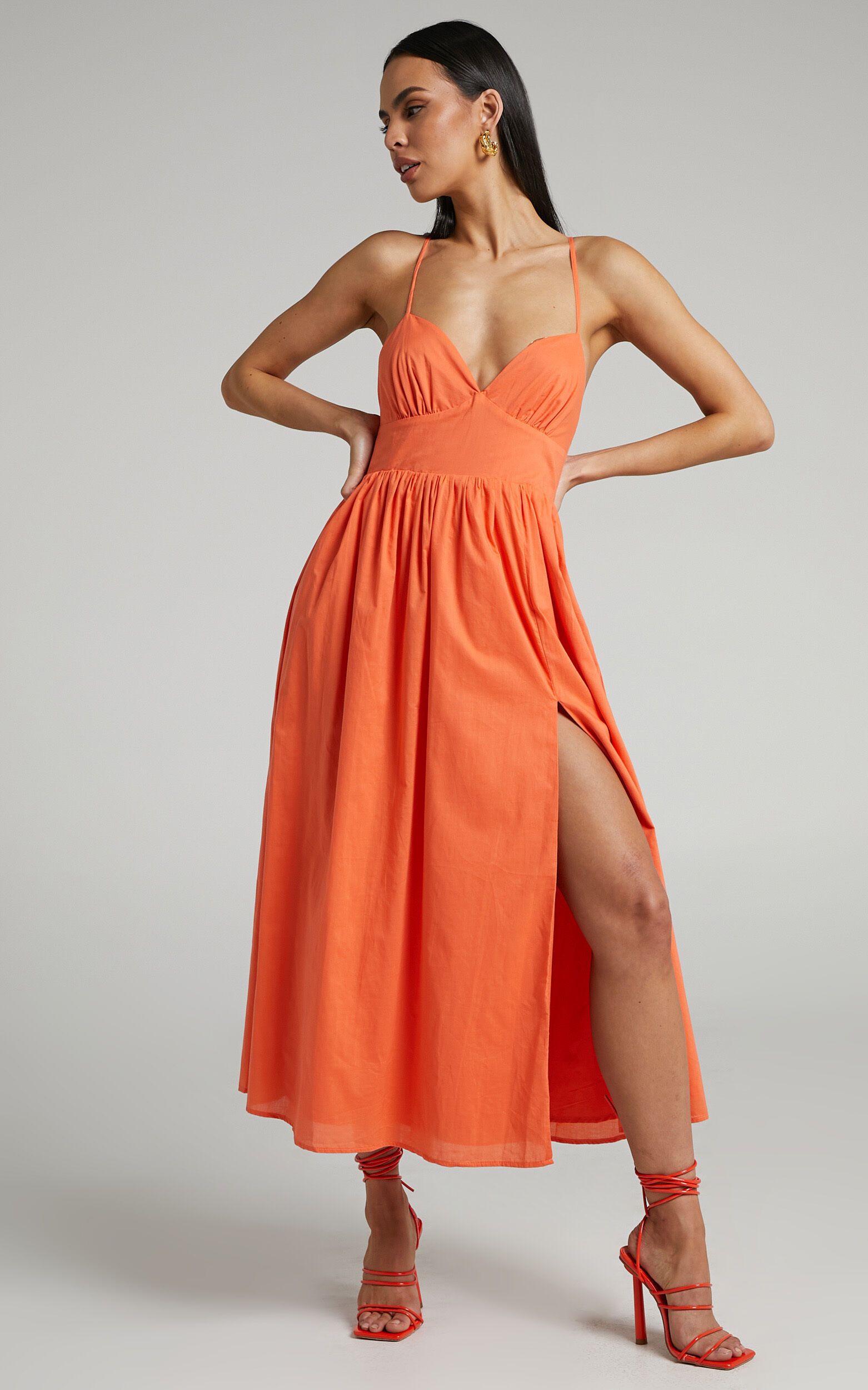 Shairah Midi Dress - Cross Back Gathered Sweetheart Dress in Orange | Showpo (US, UK & Europe)