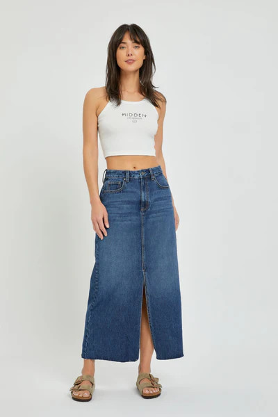 [PEYTON] DARK WASH MIDI SKIRT | Hidden Jeans