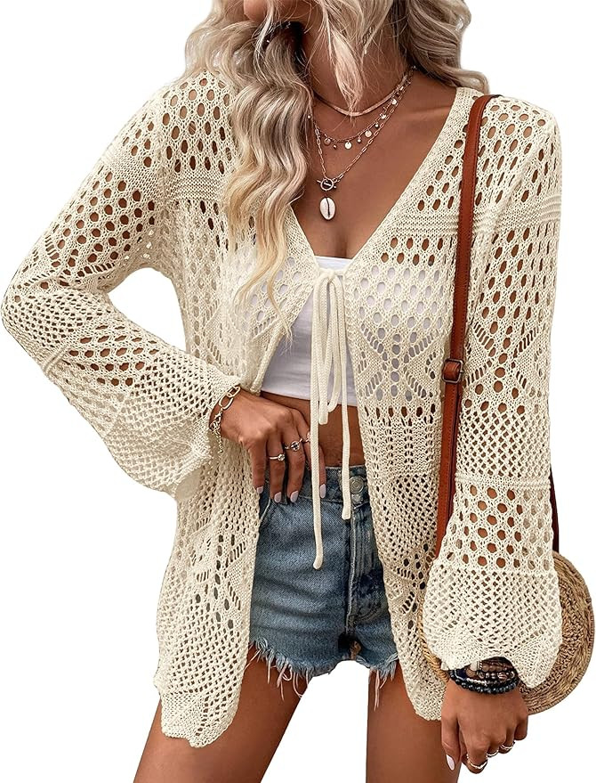 Women's Crochet Cardigan Light Weight Long Sleeve Tie Front Hollow Out Thin Cardigan | Amazon (US)