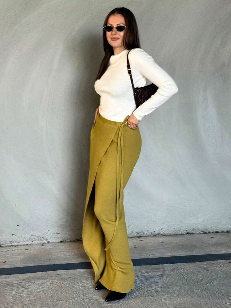 Kuleshova Side Tie Wrap Knit Maxi Skirt Elegant Spring Vacation Cute Sexy 90's Holiday Graduation... | SHEIN