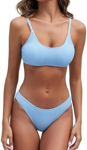 Women Bikini Sets Scoop Neck Ribbed Cheeky Textured Spaghetti Strap Two Piece Bathing Suit | Amazon (UK)
